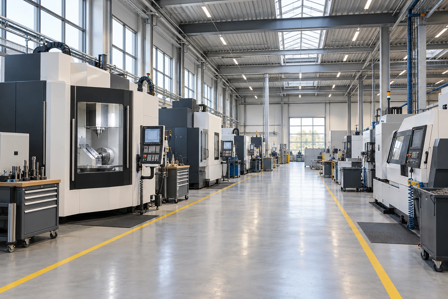 Imagen ilustrativa de una nave industrial moderna con centros de mecanizado y tornos CNC
